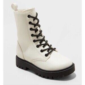 Art Class Combat Boots Khari Girls Sz 1 Ivory Black Lace Up Zip Chunky NWT